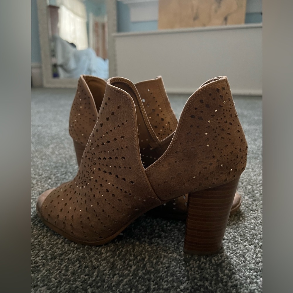 Tan suede booties with jewel detail